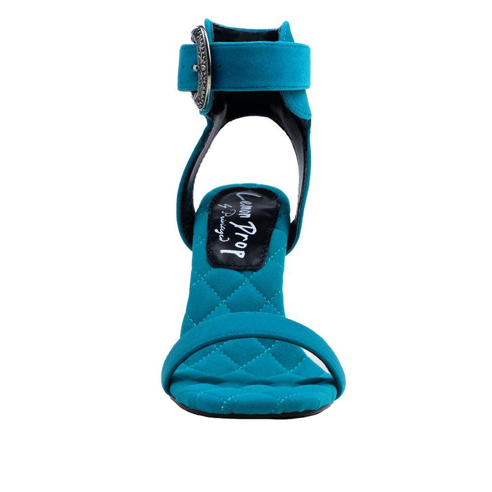 Teal velvet women heels with silver ankle buckle closure-front view