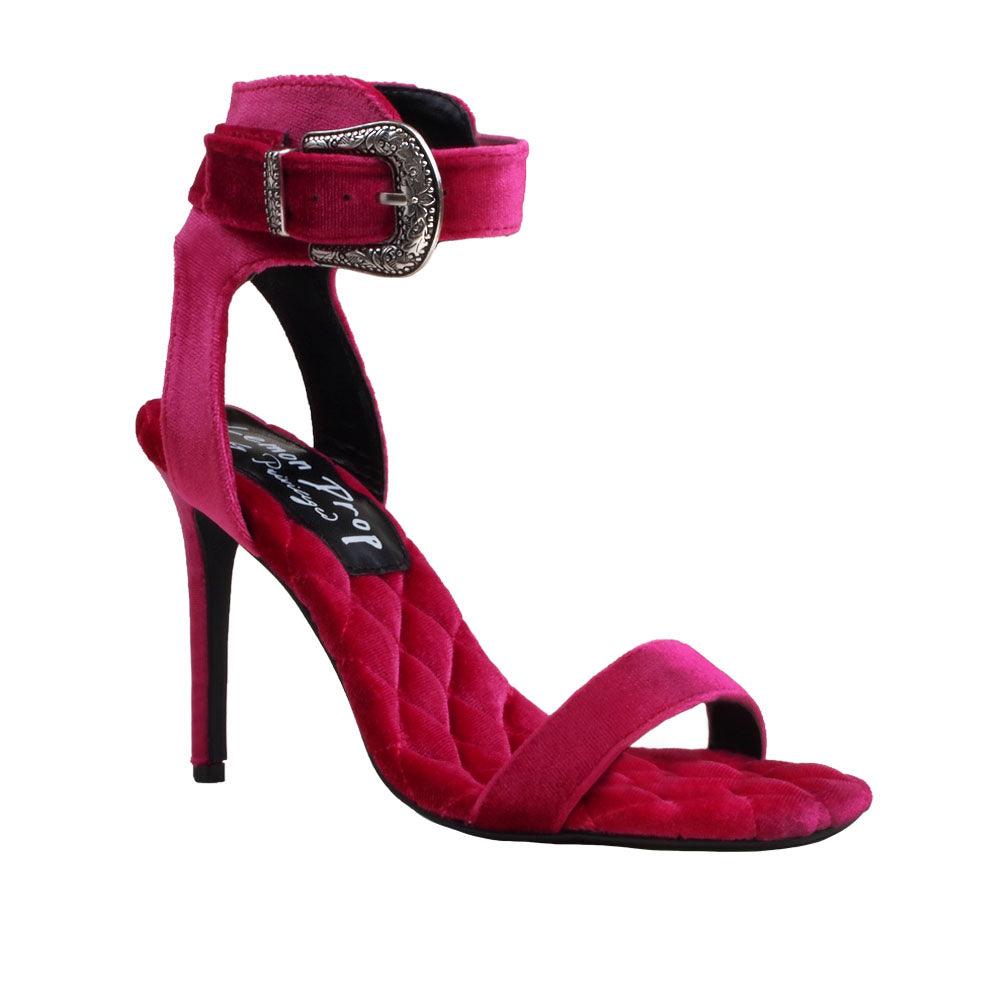 Pink velvet women heels with silver ankle buckle closure-corner view