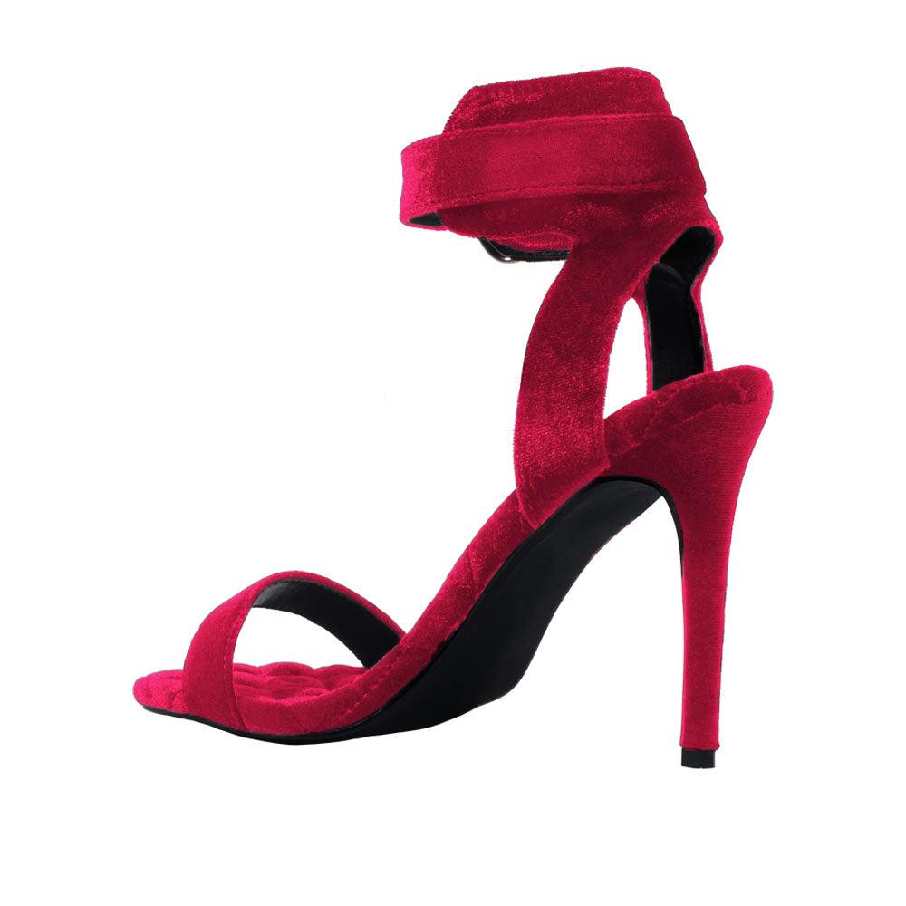 Pink velvet women heels with silver ankle buckle closure-posterior view