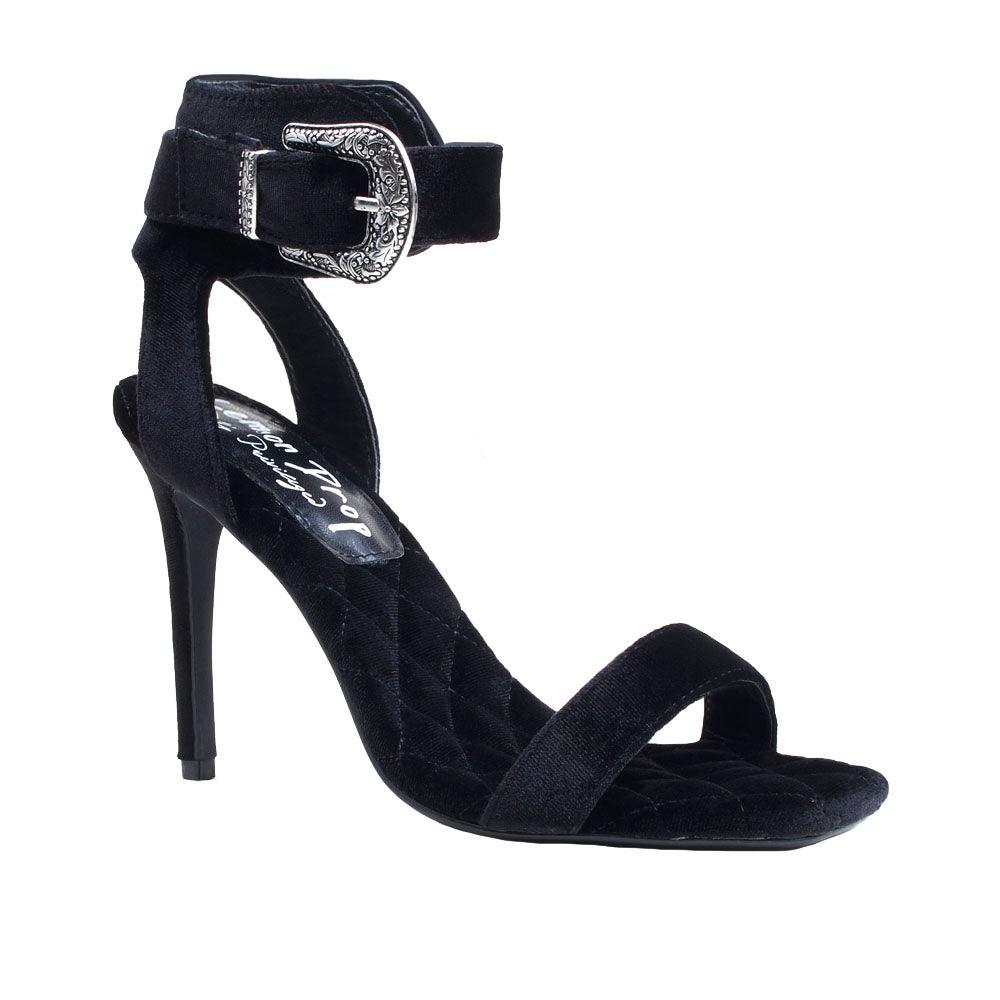 Black velvet women heels with silver ankle buckle closure-corner view