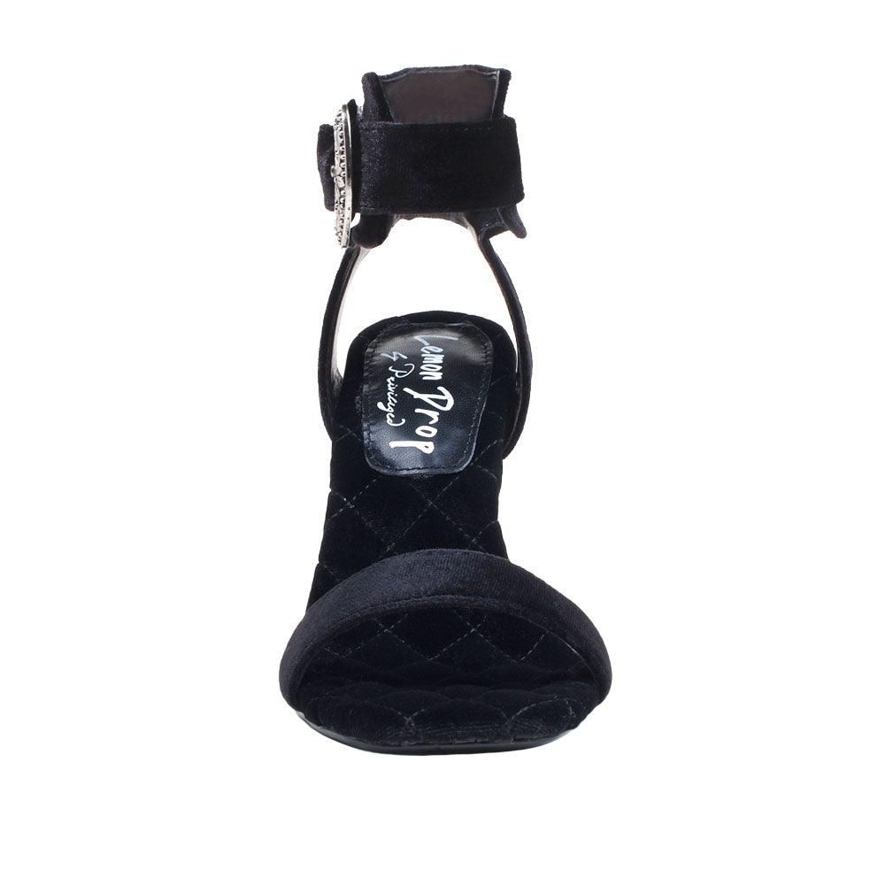 Black velvet women heels with silver ankle buckle closure-front view