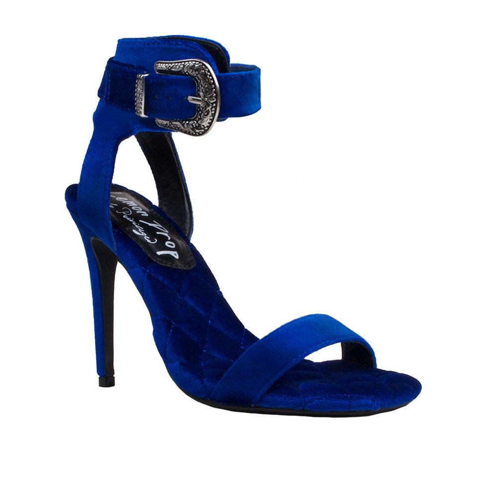 Blue velvet women heels with silver ankle buckle closure-corner view