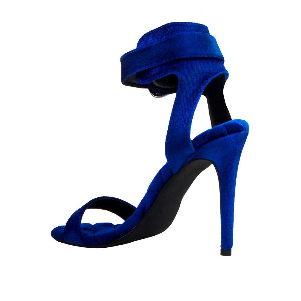 Blue velvet women heels with silver ankle buckle closure-posterior view