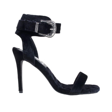 Black velvet women heels with silver ankle buckle closure-side view