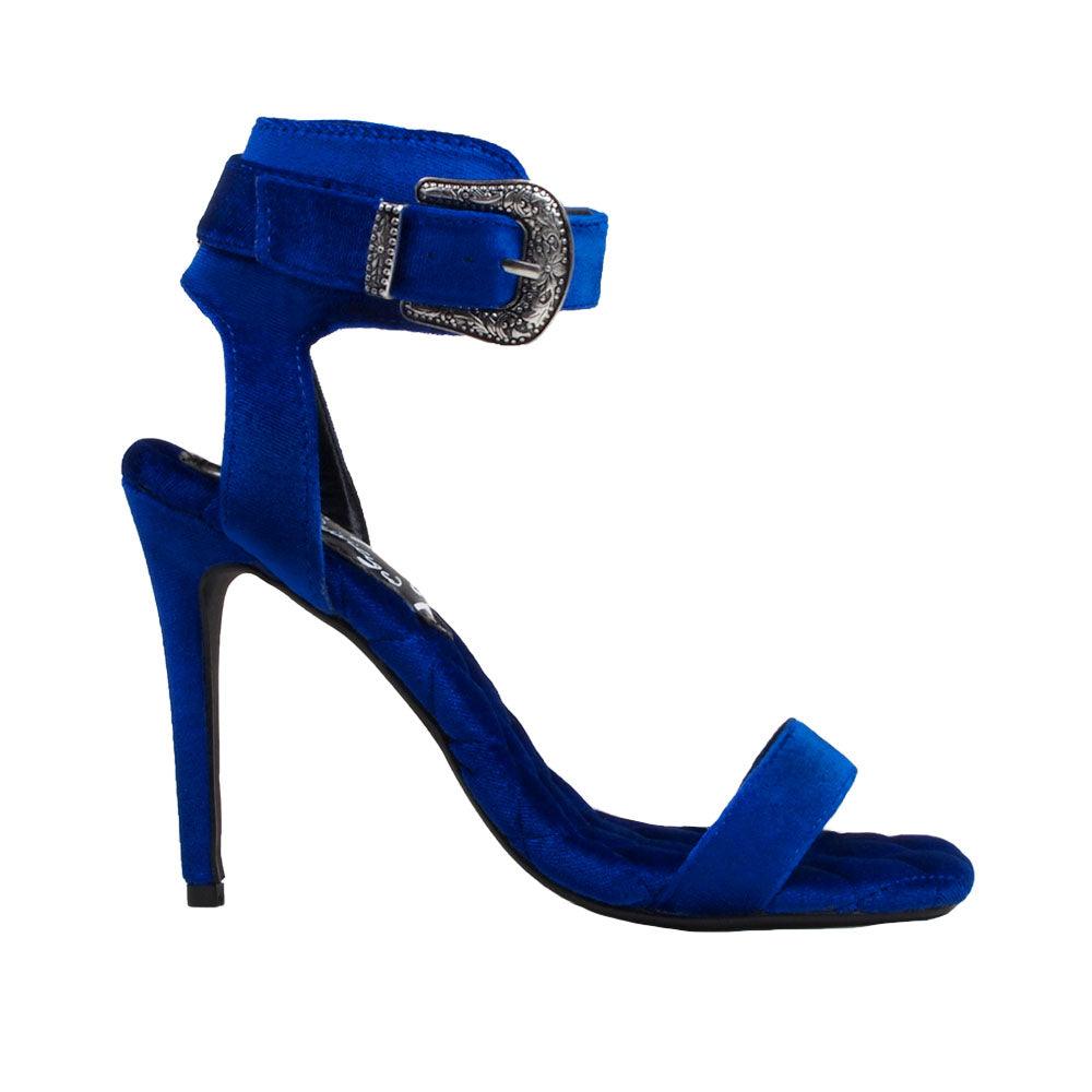 Blue velvet women heels with silver ankle buckle closure-side view