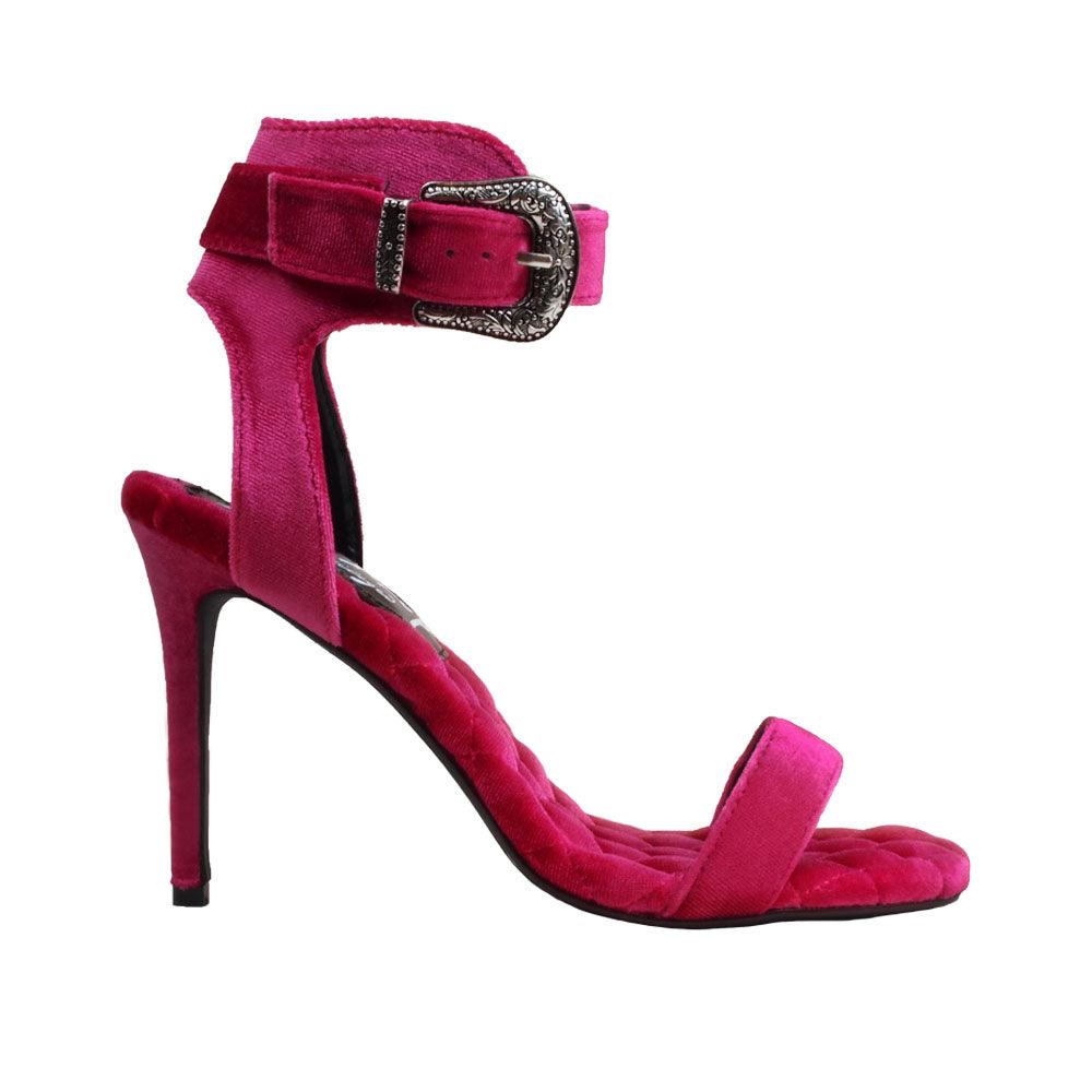 Pink velvet women heels with silver ankle buckle closure-side view