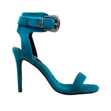 Teal velvet women heels with silver ankle buckle closure-side view