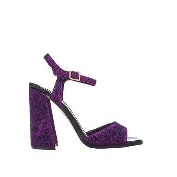 Purple shiny textured women heels with ankle buckle closure and block heel