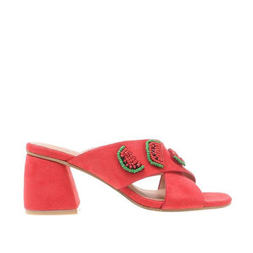 Red colored women block heels with green and red beads on upper