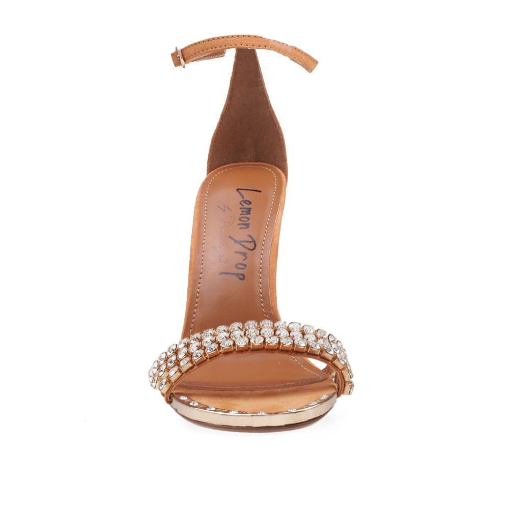 Brown women heels with ankle buckle and golden toe-front view