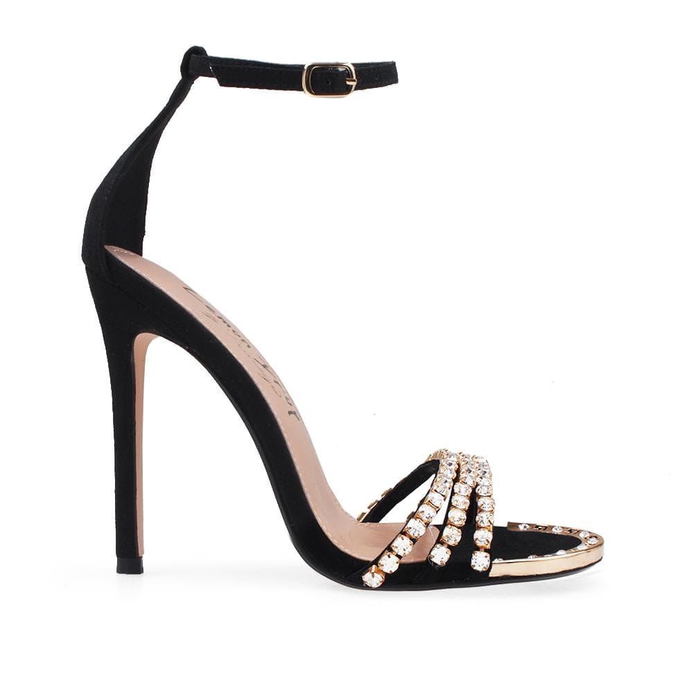 Black women heels with ankle buckle and golden toe-side view