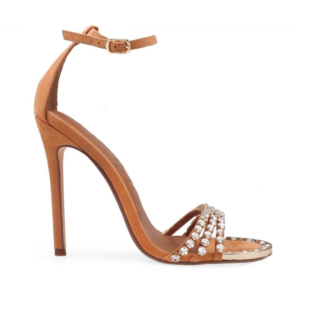 Brown women heels with ankle buckle and golden toe-side view