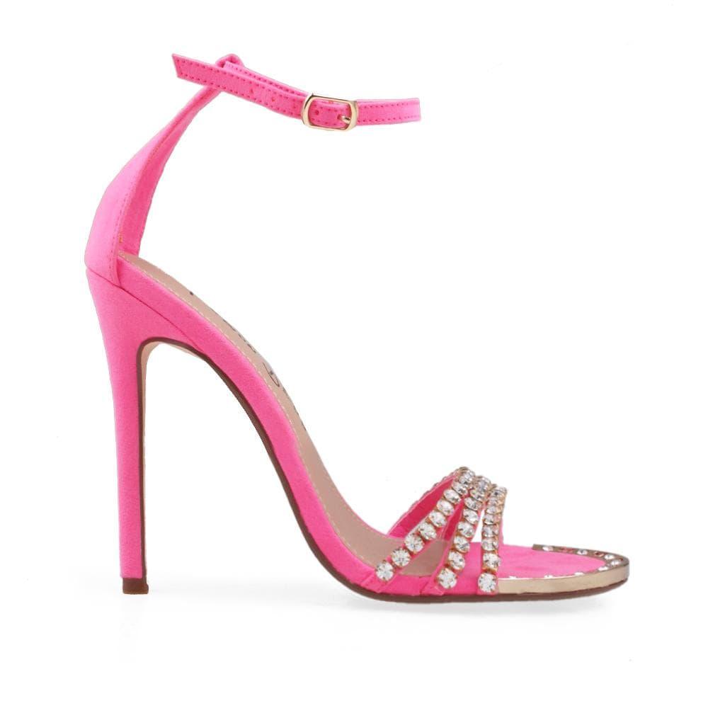 Pink women heels with ankle buckle and golden toe-side view