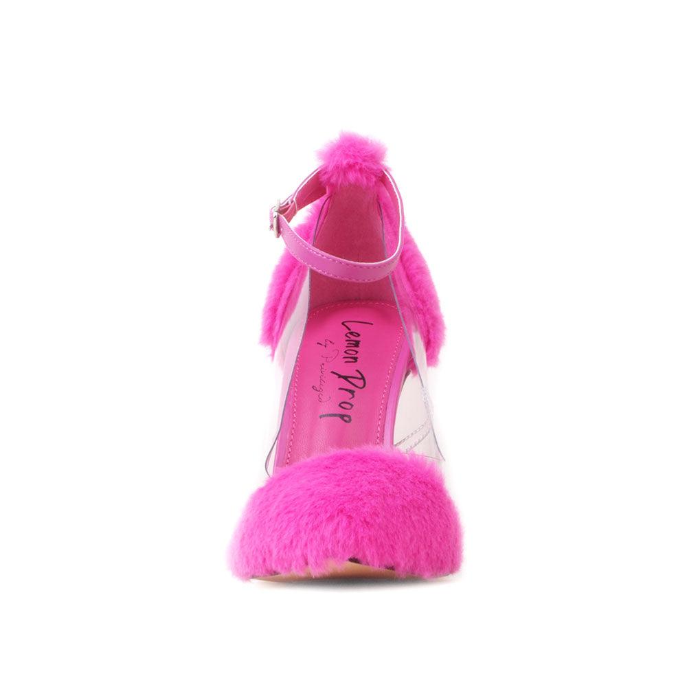 Pink colored fury women heels with tiered transparent heel and vinyl clear middle-front view