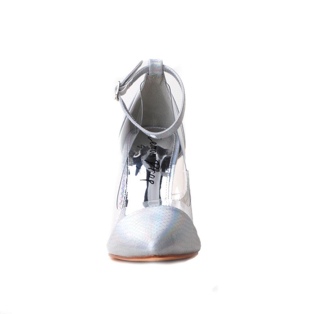 Silver colored fury women heels with tiered transparent heel and vinyl clear middle-front view