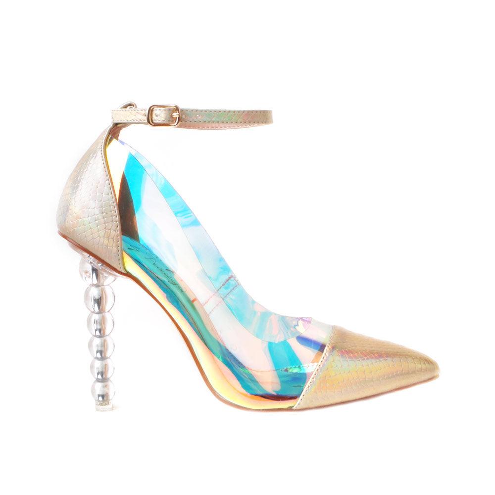 Gold colored fury women heels with tiered transparent heel and vinyl clear middle-side view