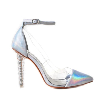 Silver colored fury women heels with tiered transparent heel and vinyl clear middle-side view