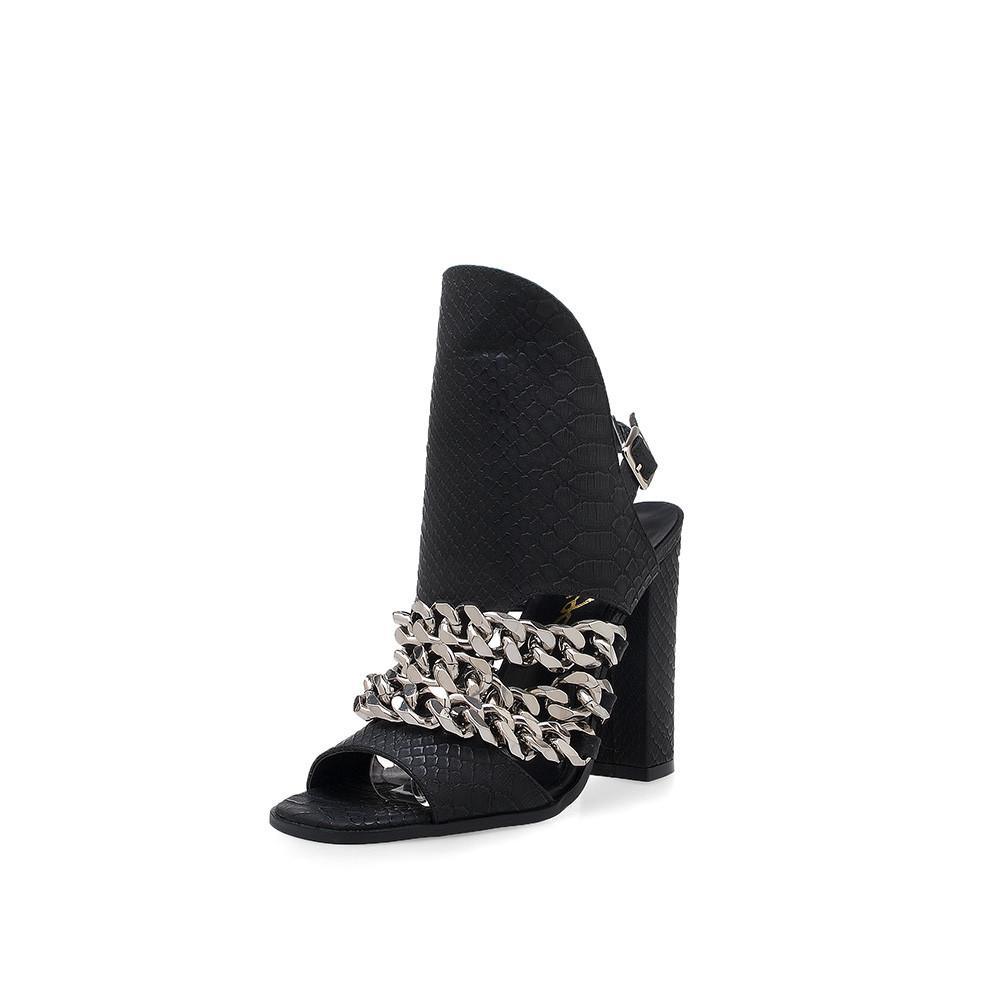 Black women heels with silver chain on upper and block heel-corner view