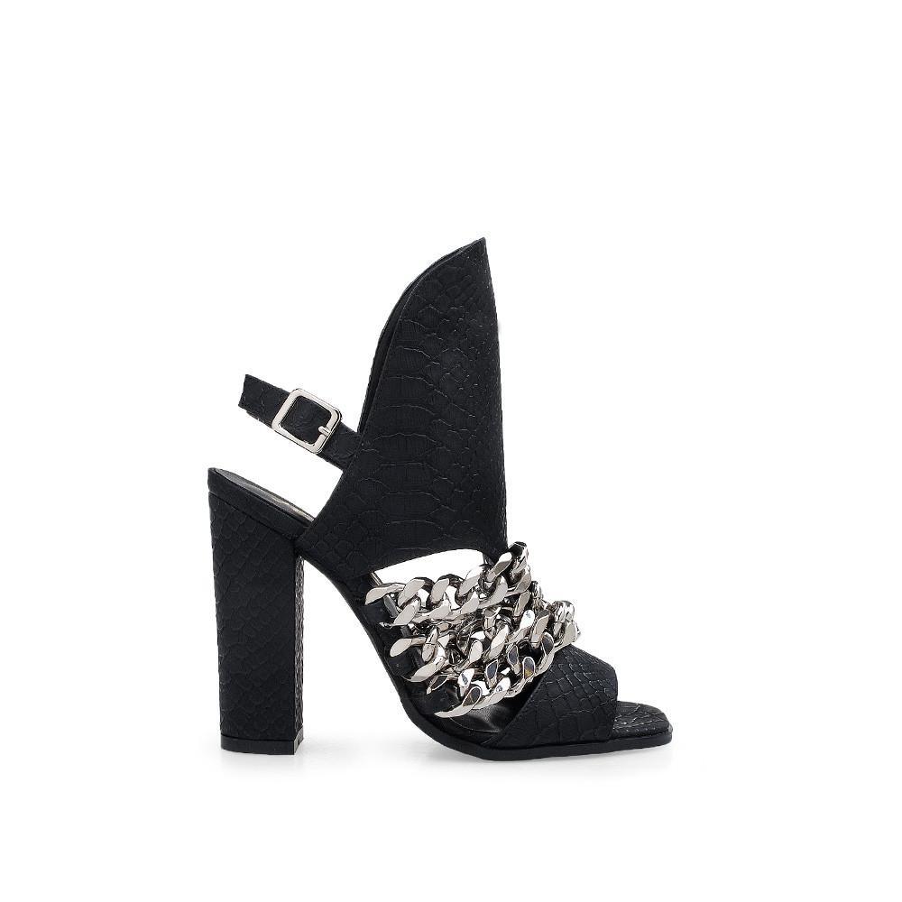 Black women heels with silver chain on upper and block heel-side view