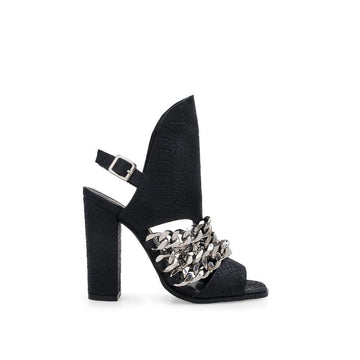 Black women heels with silver chain on upper and block heel-side view