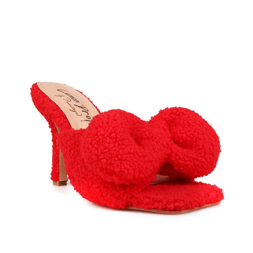 Red women heels made with vegan shearling-corner view