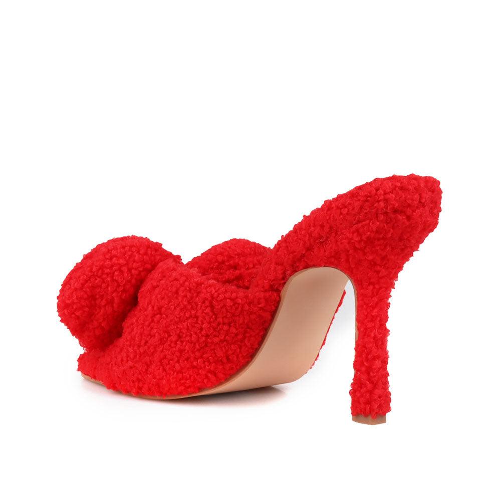 Red women heels made with vegan shearling-posterior view