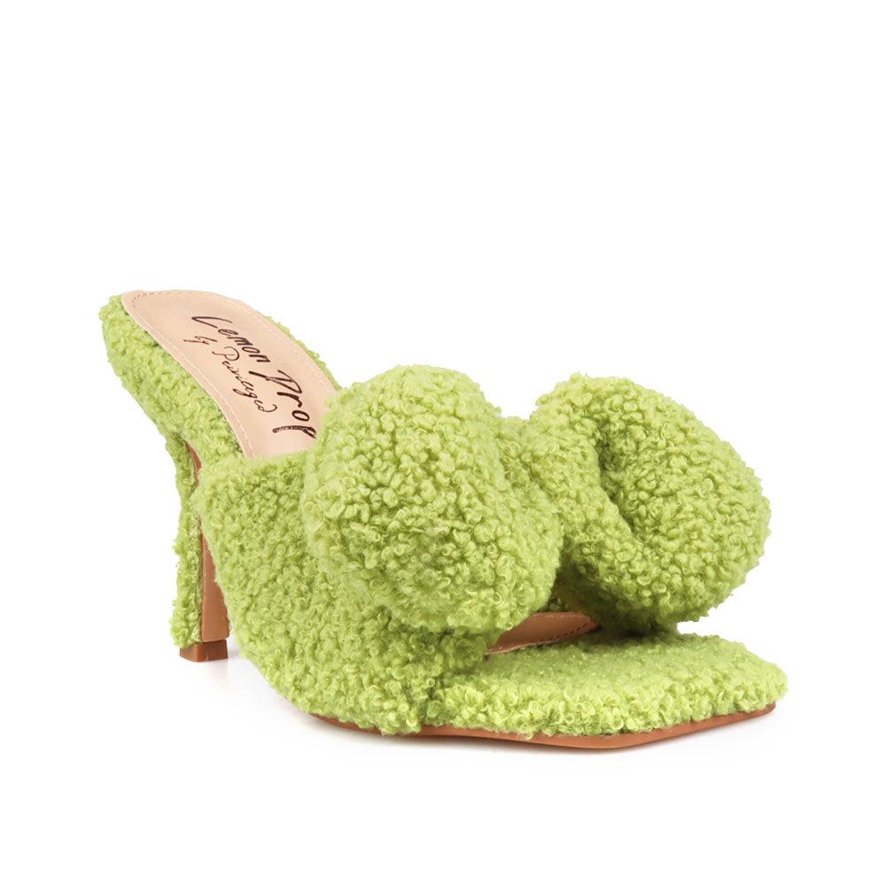 Green women heels made with vegan shearling-corner view