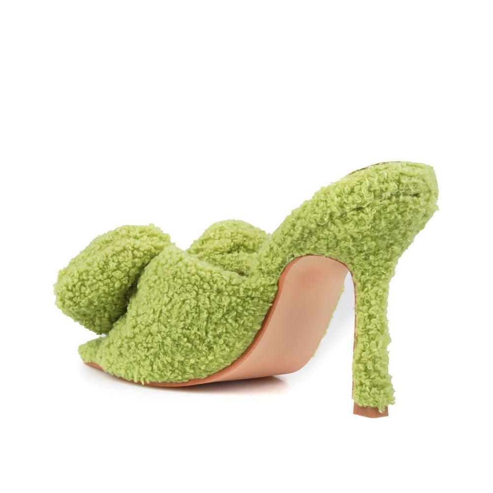 Green women heels made with vegan shearling-posterior view