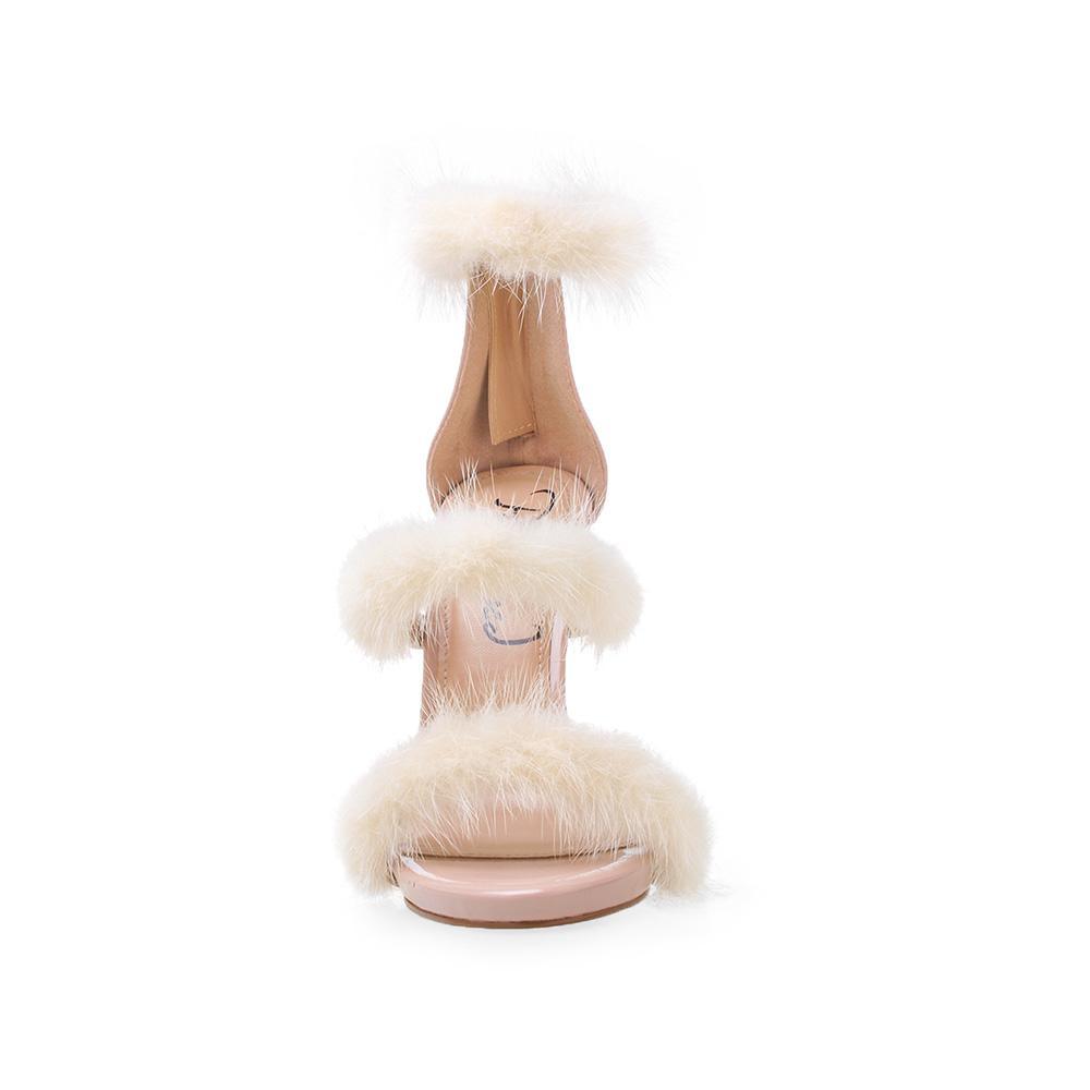 Vegan leather women's heel with fur in nude-front view