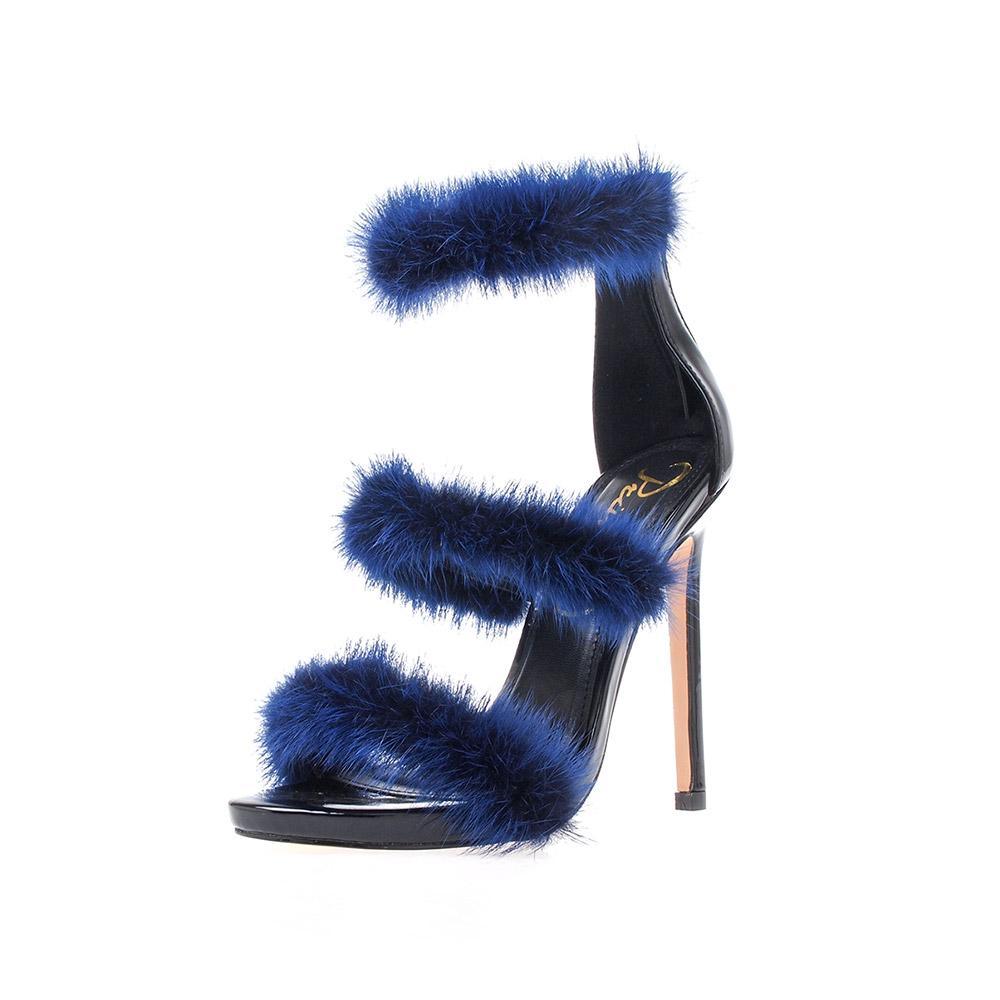 Vegan leather women's heel with fur in royal blue-corner view