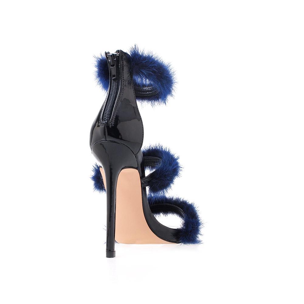 Vegan leather women's heel with fur in royal blue-posterior view