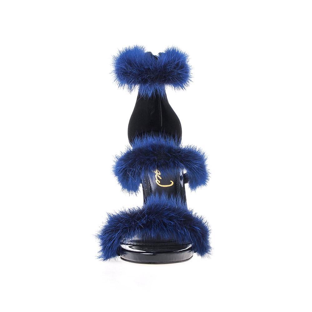 Vegan leather women's heel with fur in royal blue-front view