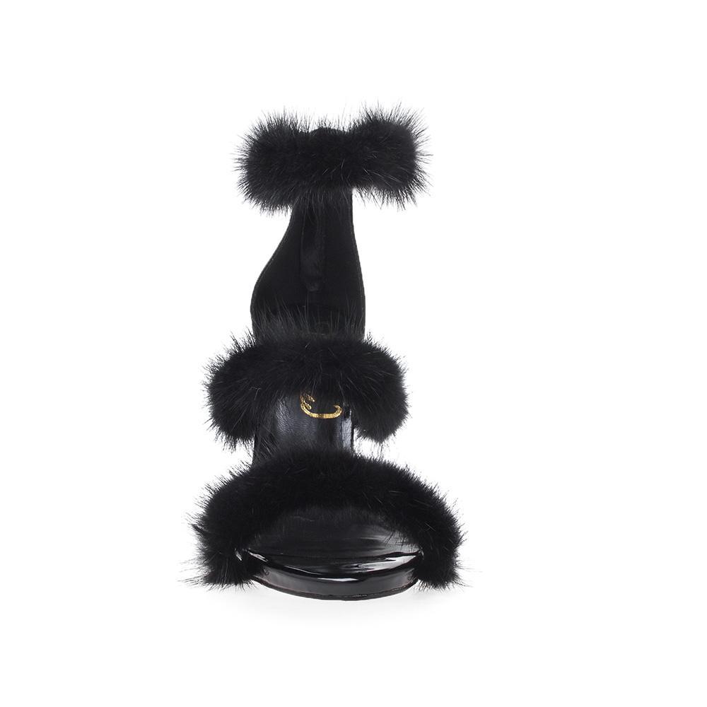 Vegan leather women's heel with fur in black-front view