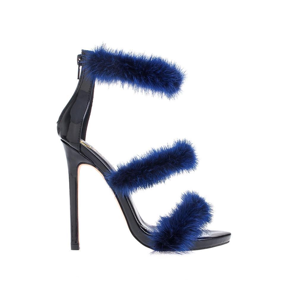 Vegan leather women's heel with fur in royal blue-side view