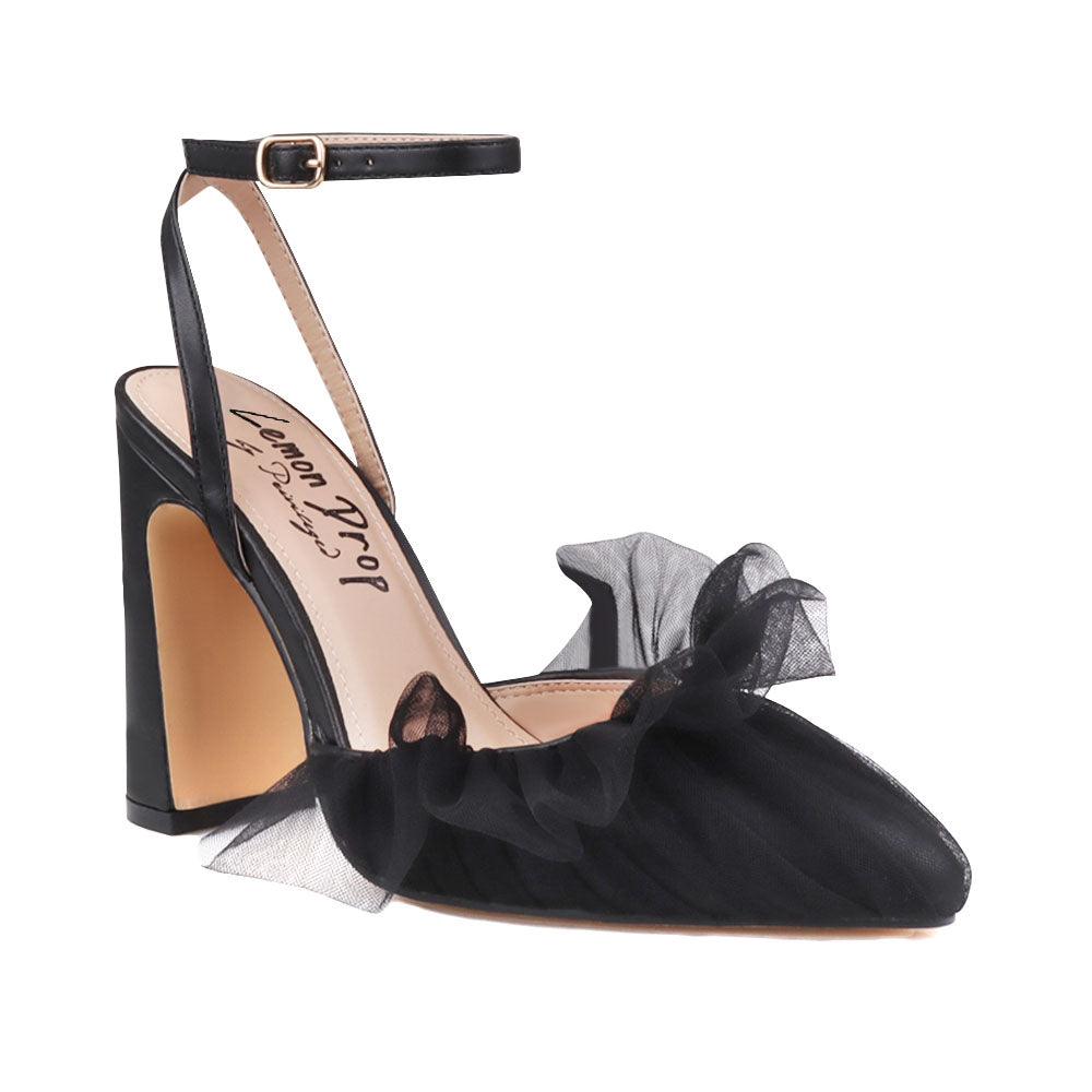 Black women heels with frill-corner view