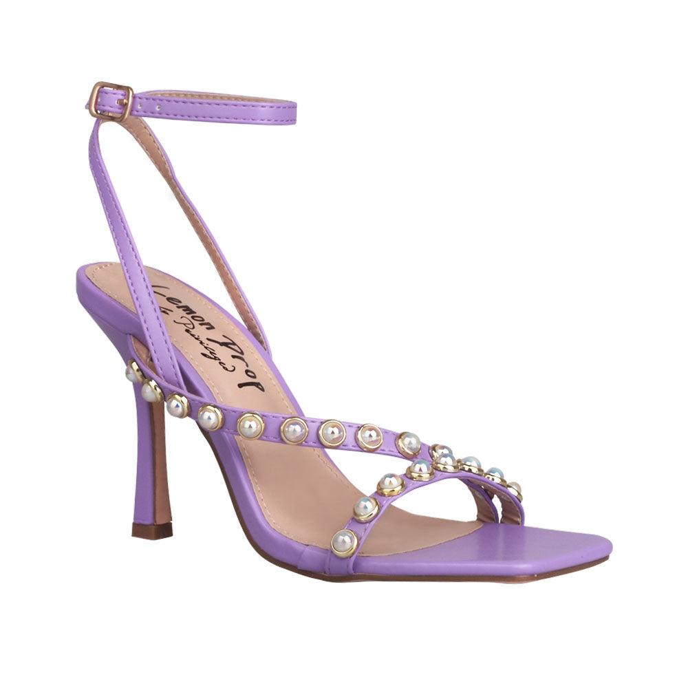 Women heels in purple with pearls-corner view