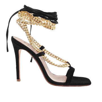 Women heels with gold metal chains and lace tie up in black-side view