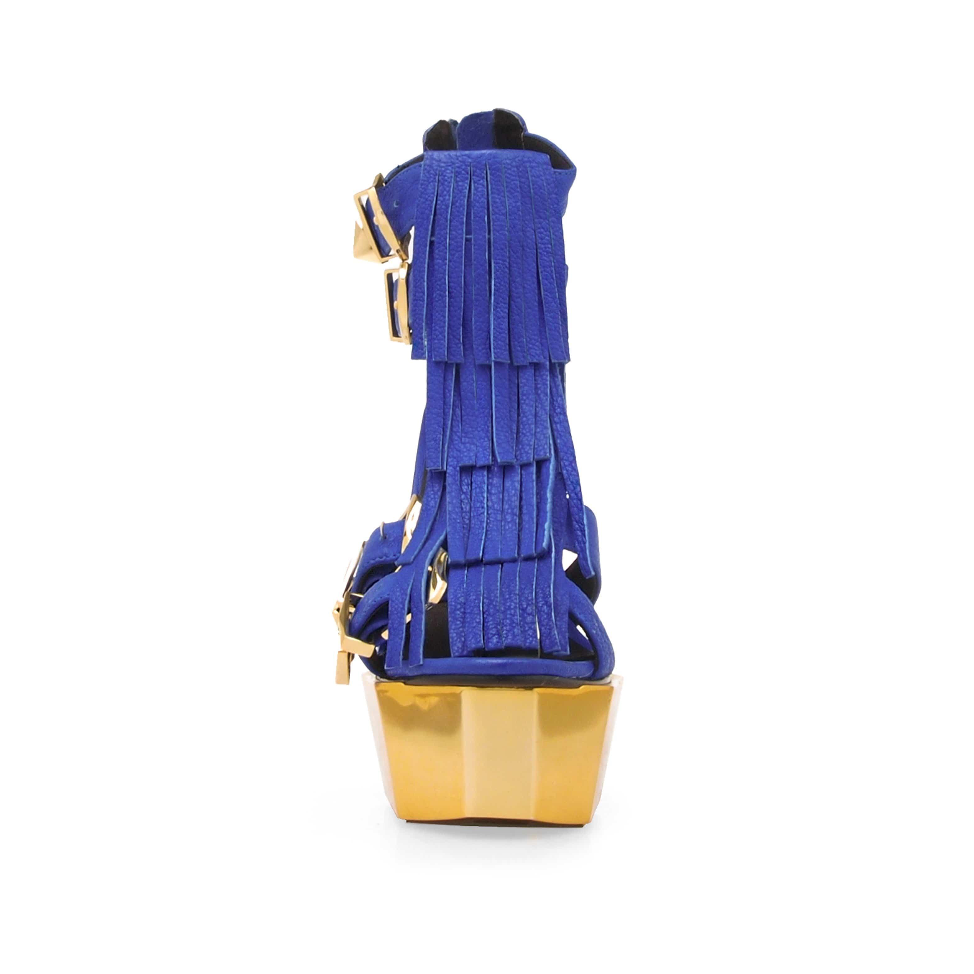 Vegan leather women high heel with buckles in royal blue-front view