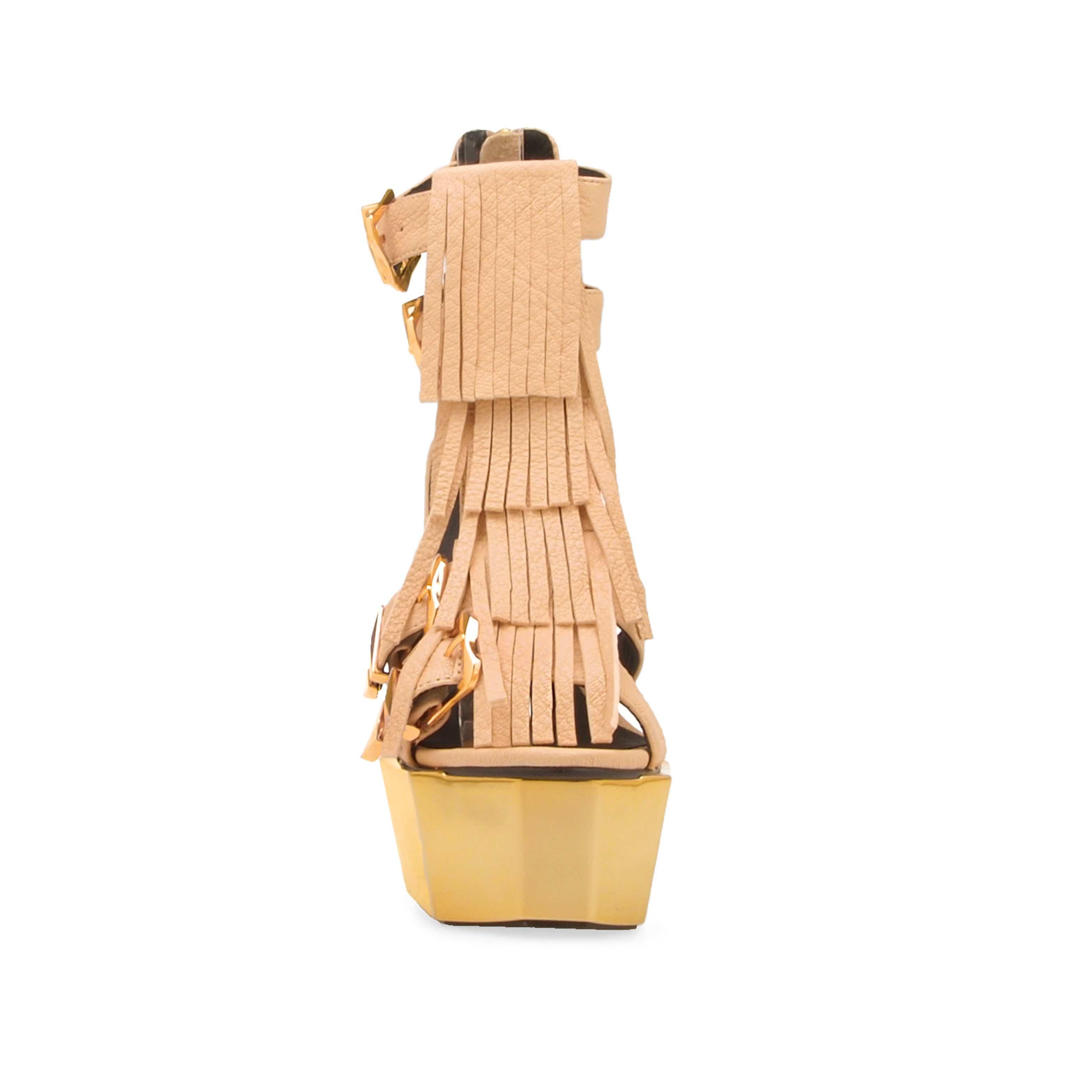 Vegan leather women high heel with buckles in beige-front view