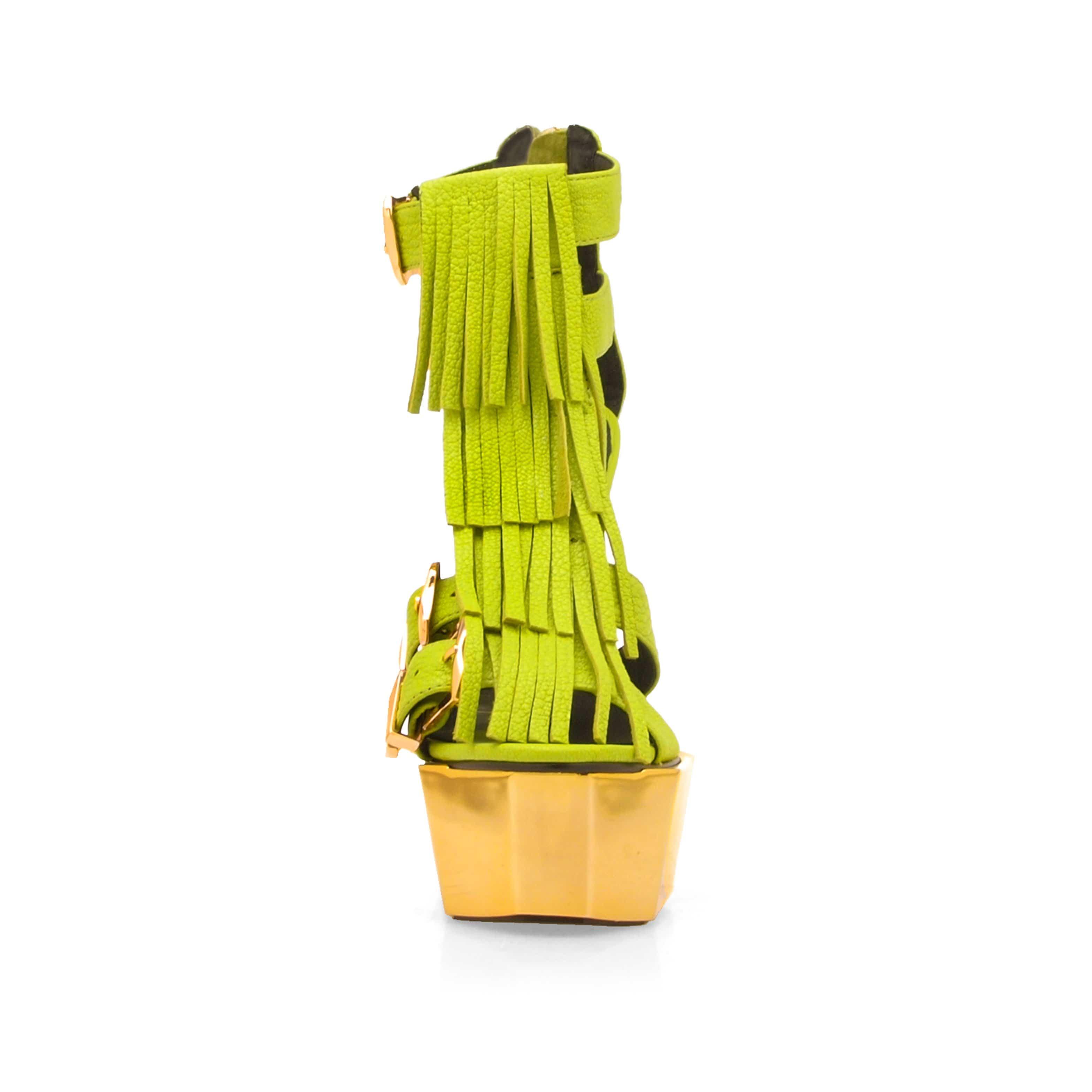 Vegan leather women high heel with buckles in lime-front view