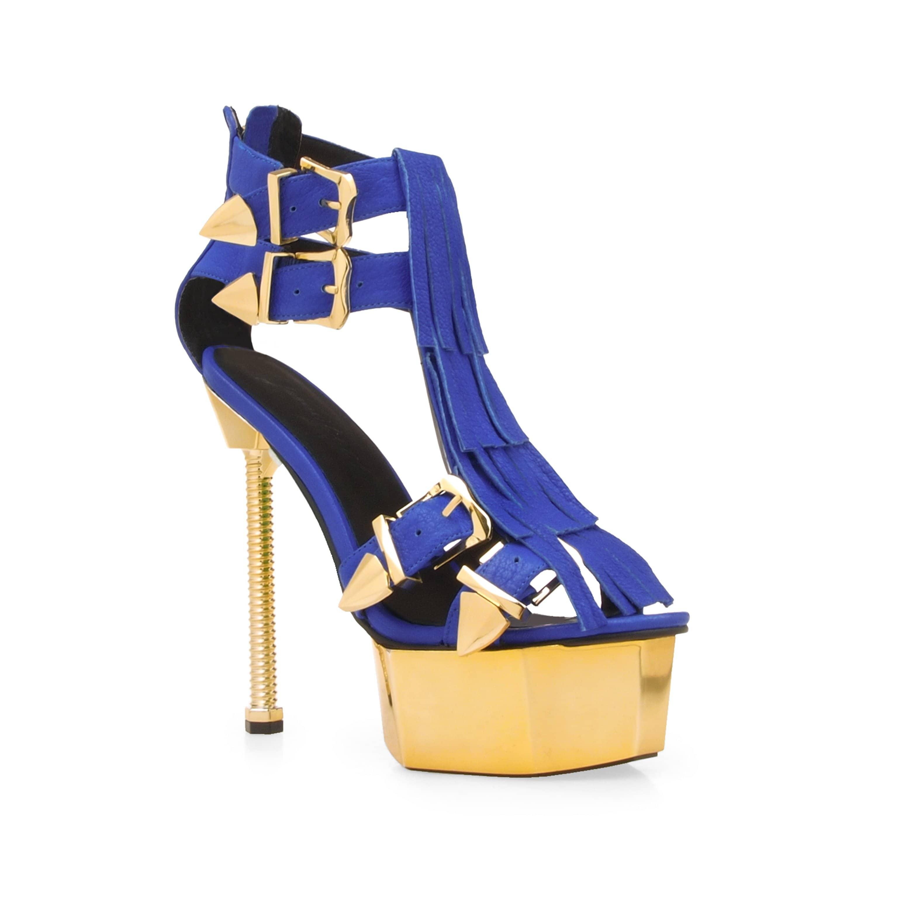 Vegan leather women high heel with buckles in royal blue-corner view