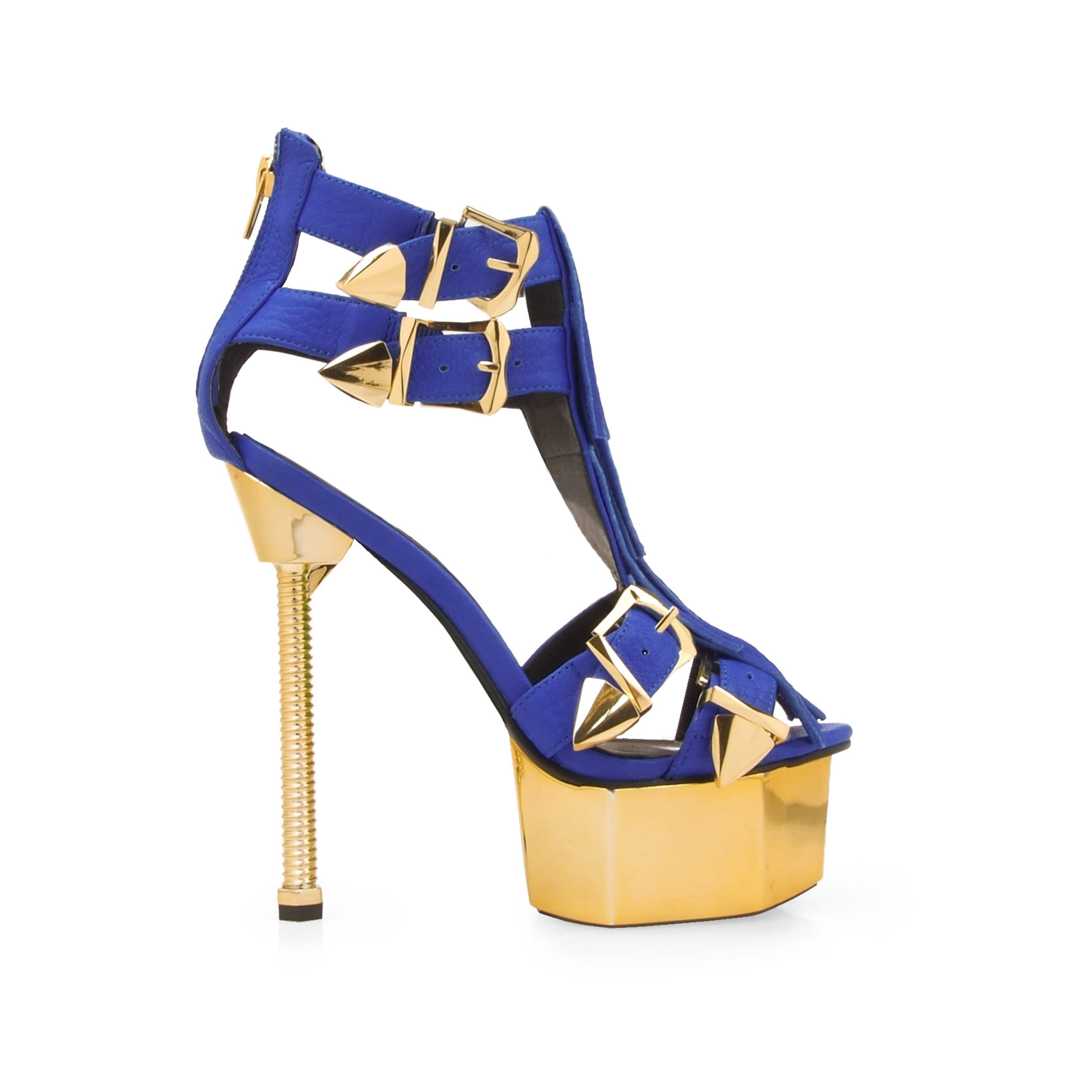 Vegan leather women high heel with buckles in royal blue-side view