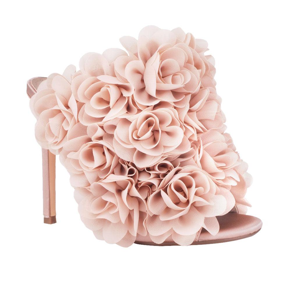 Satin upper women heels with roses in nude-corner view