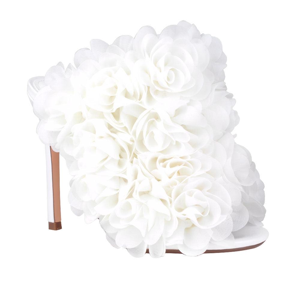 Satin upper women heels with roses in white-corner view