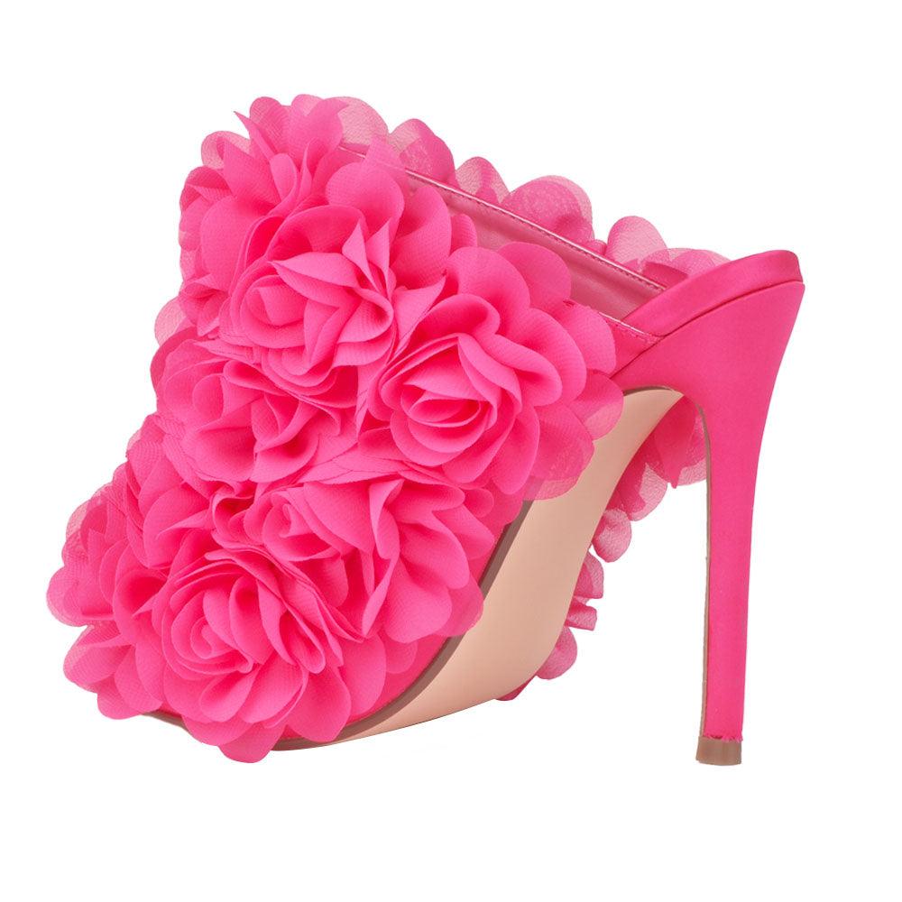 Satin upper women heels with roses in fuchsia-posterior view