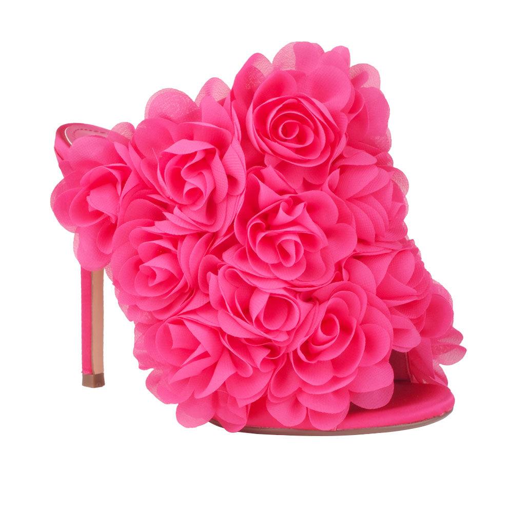 Satin upper women heels with roses in fuchsia-corner view