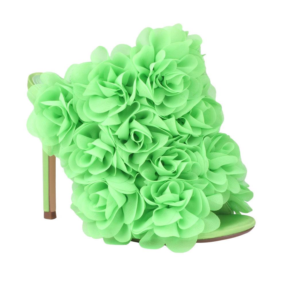 Satin upper women heels with roses in neon green-corner view