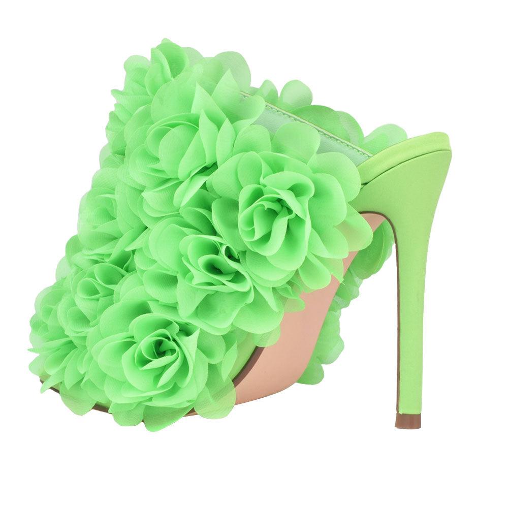 Satin upper women heels with roses in neon green-posterior view