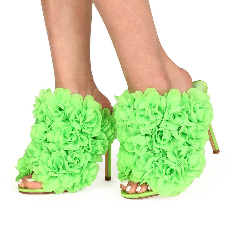 Satin upper women heels with roses in neon green