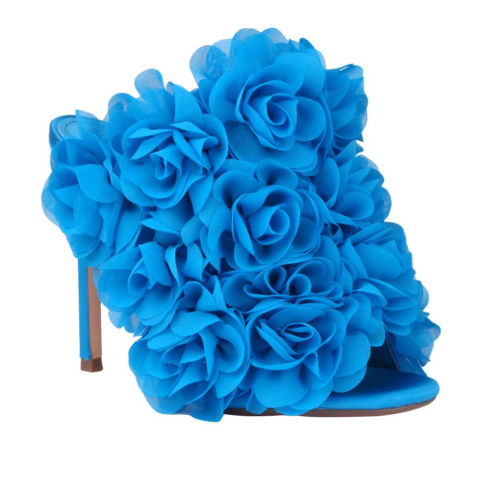 Satin upper women heels with roses in blue-corner view